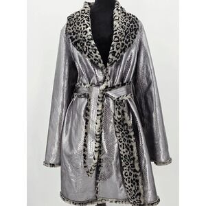 Marc Bouwer Coat Reversible Faux Fur Coat Metallic Gray Multi Color Size XL